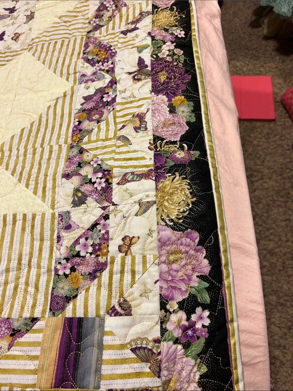 ONE OF A KIND - HANDCRAFTED Purple, gold and off-white Quilt.